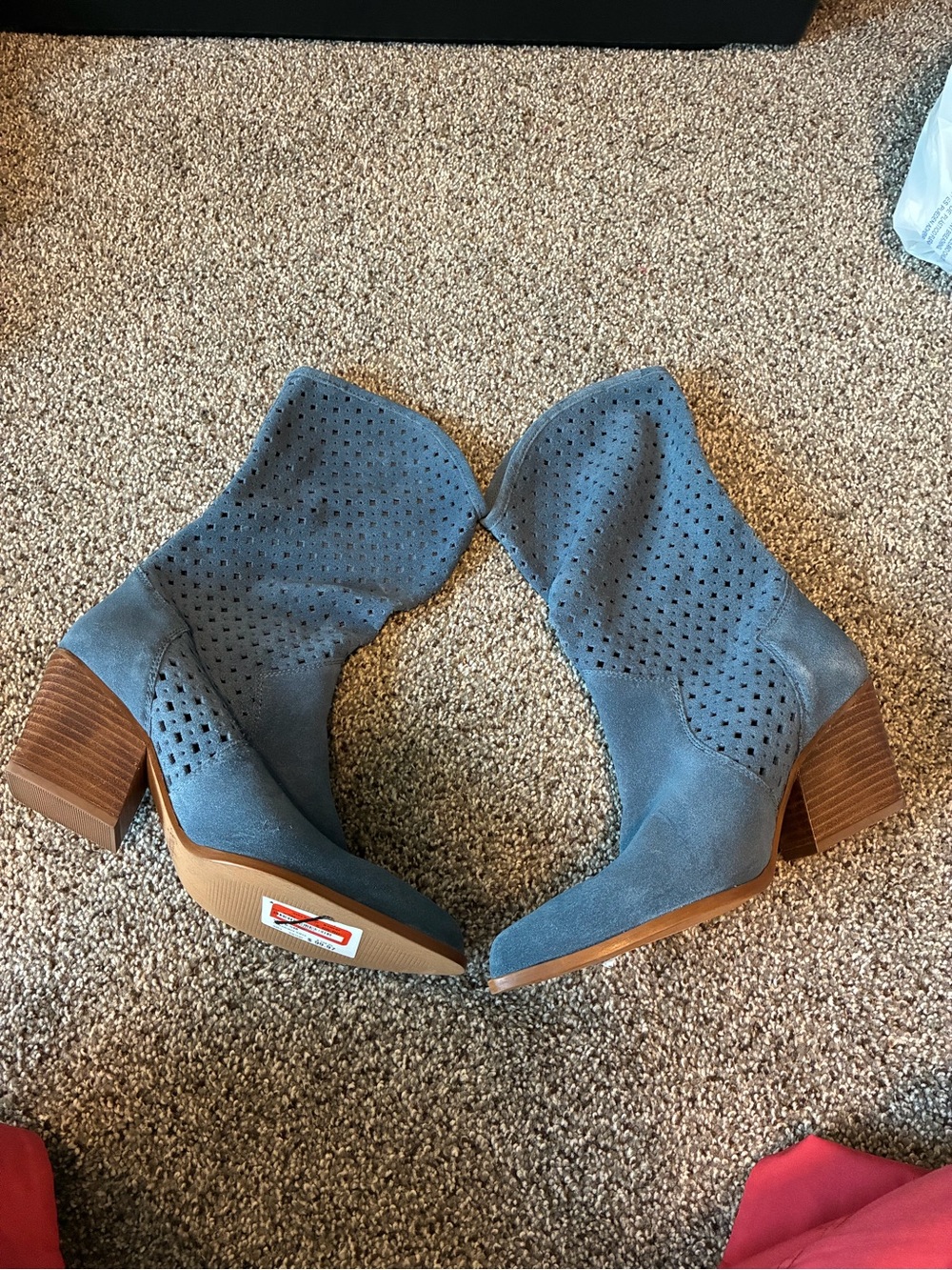 Seychelles Perforated Slate Blue Suede Block Heel Ankle Boots